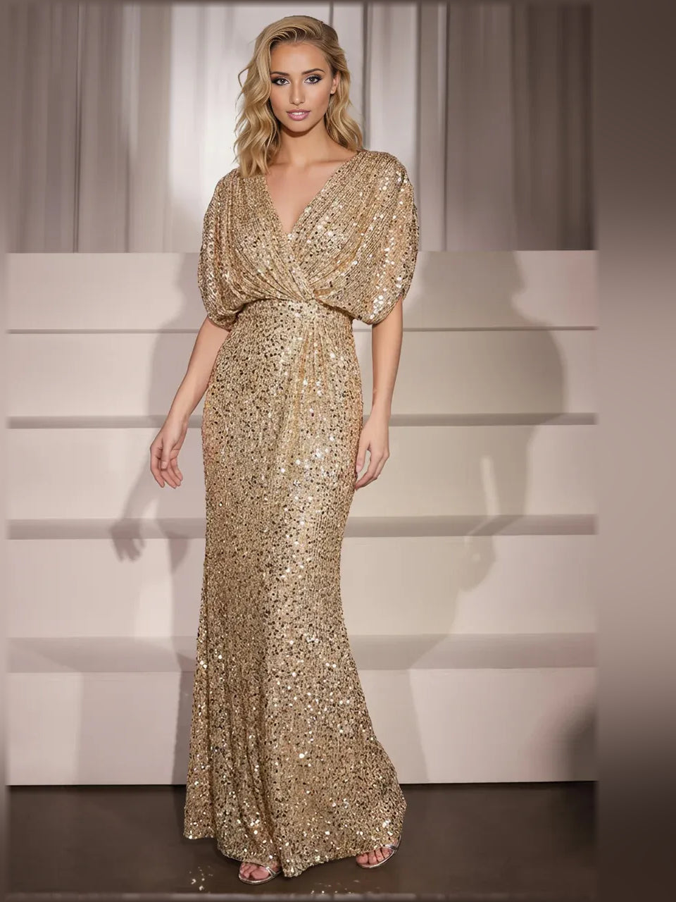 Gold sequin V-neck mermaid sheath formal dress, elbow sleeves, floor-length