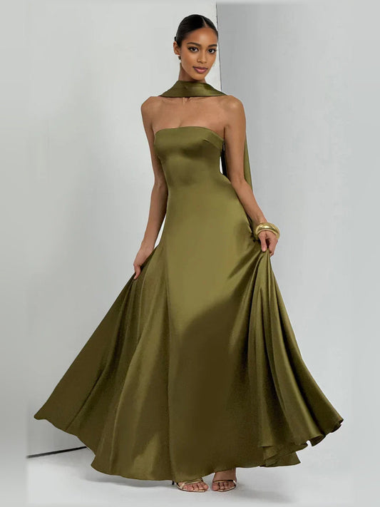 Olive sweetheart corset A-line floor-length formal dress, strapless satin with full skirt
