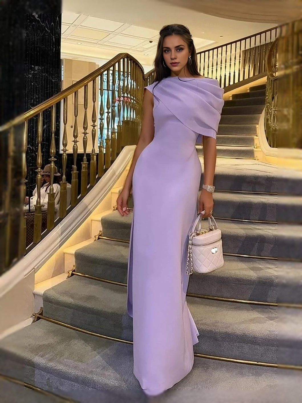 Lavender satin one-shoulder draped maxi sheath dress with side slit