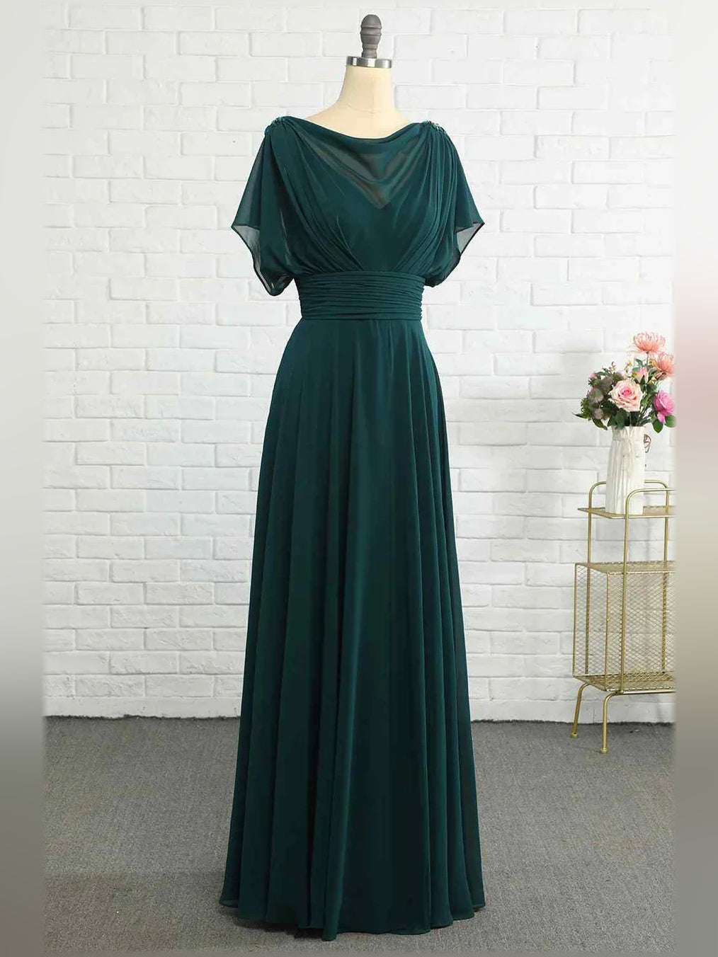 Peacock cowl-neck formal dress with ruched waist and draped pleats, short sleeves