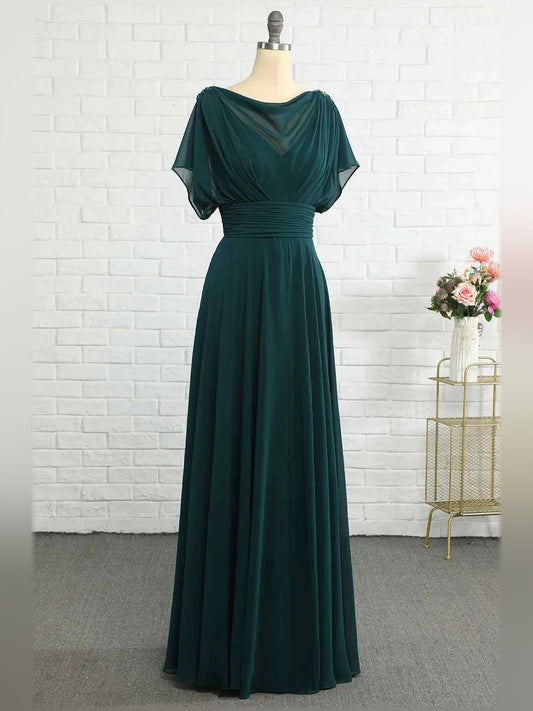 Peacock cowl-neck formal dress with ruched waist and draped pleats, short sleeves