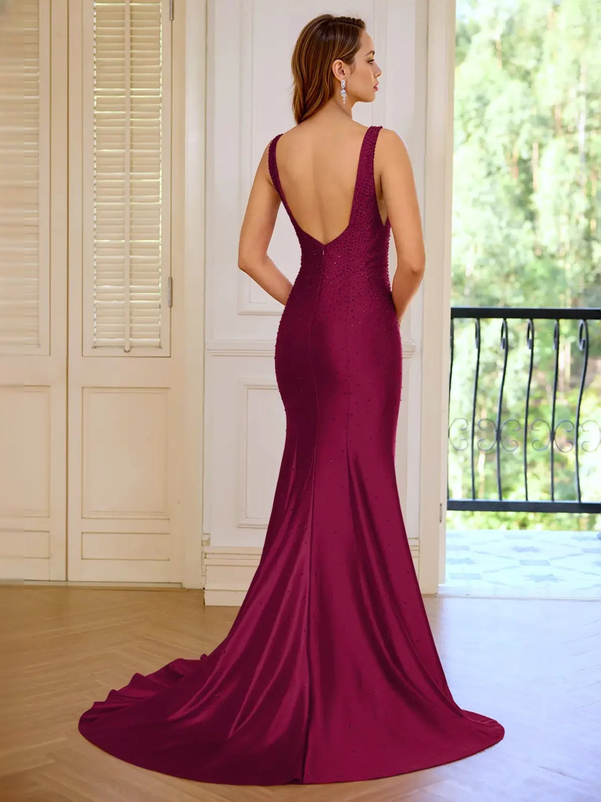 Embroidered sequin V-neck A-line prom dress, burgundy, sleeveless, floor-length