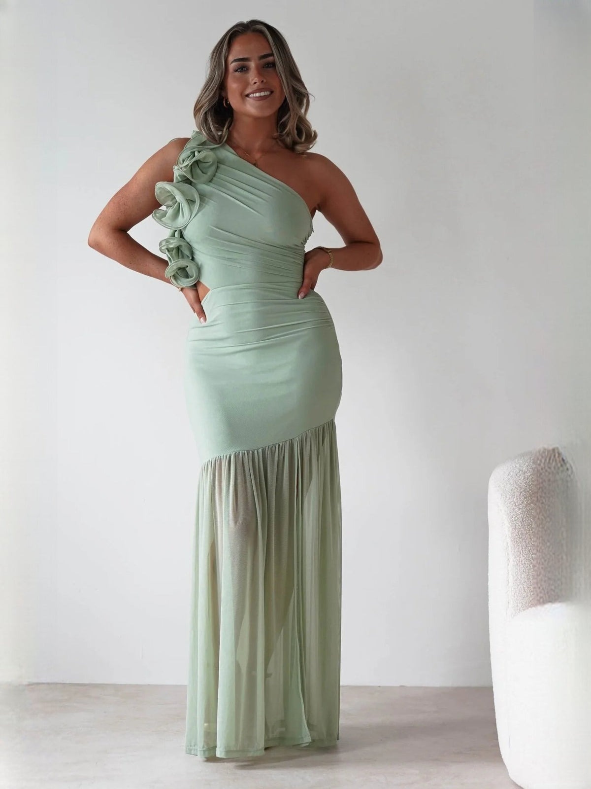 Sage fit-and-flare maxi formal dress with one-shoulder neckline, full-length front view