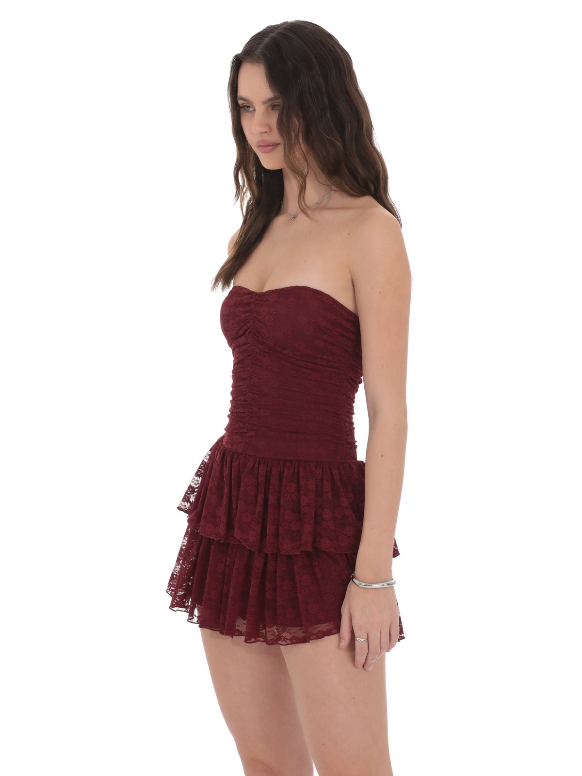 Burgundy homecoming dress with a-line silhouette and maxi length
