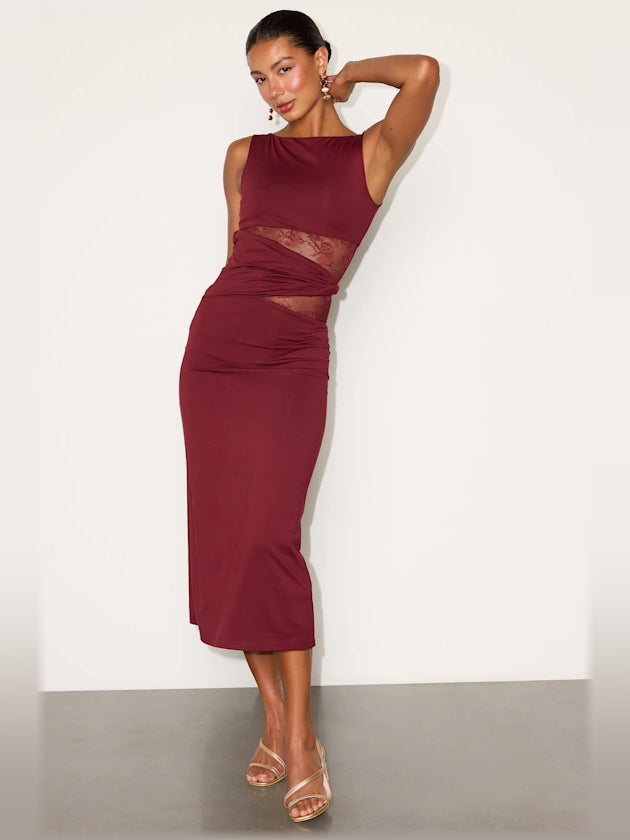 Burgundy sleeveless lace cutout midi column dress with high neckline