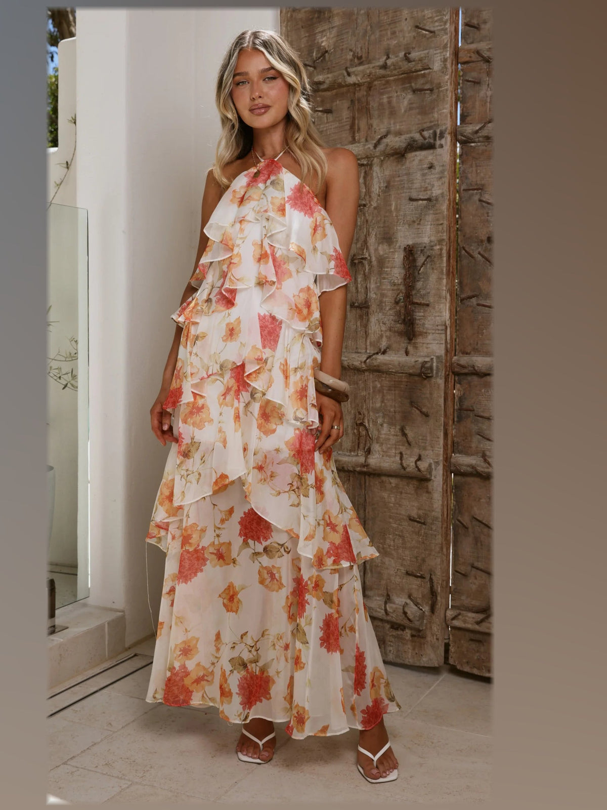 White Orange Floral maxi formal dress, front full-length view showing the neckline