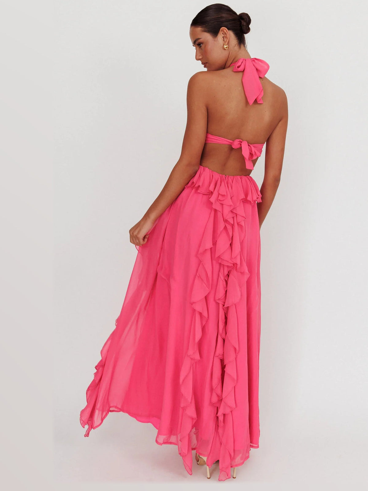 Fuchsia formal dress with a-line silhouette and maxi length