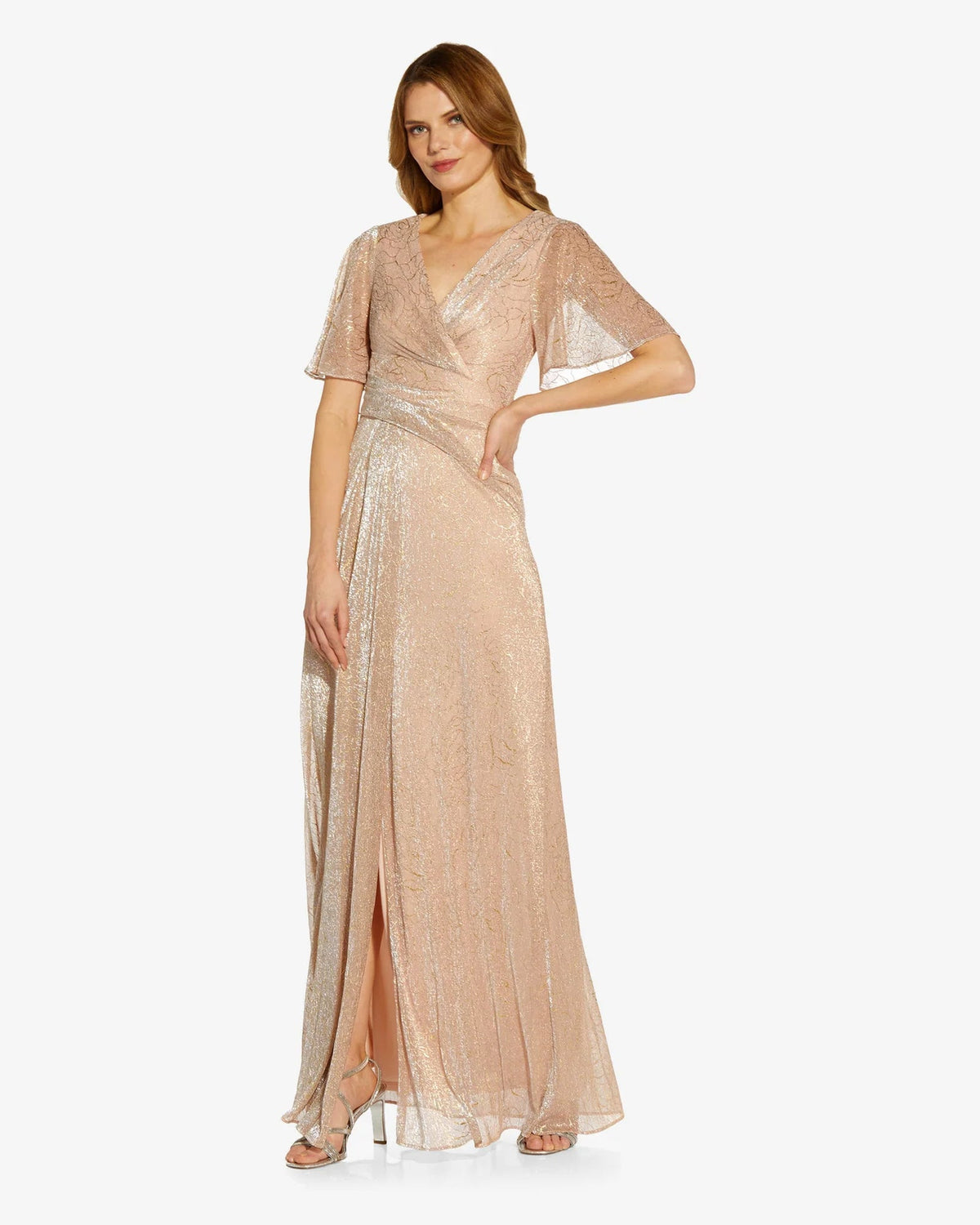 Pink sequin draped V-neck fit-and-flare gown with flutter sleeves, floor length