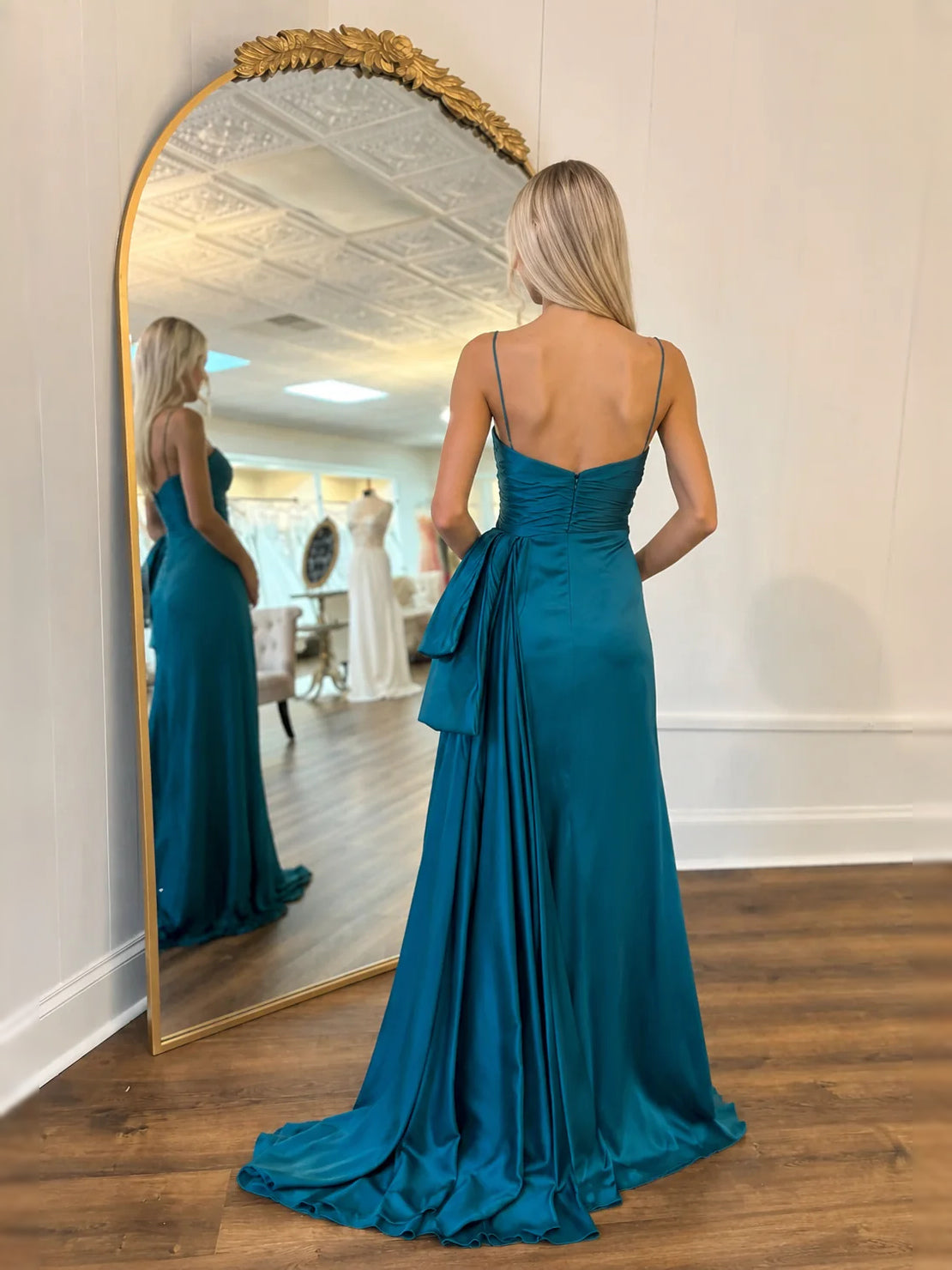 Teal satin sweetheart A-line prom dress with draped bodice and front slit