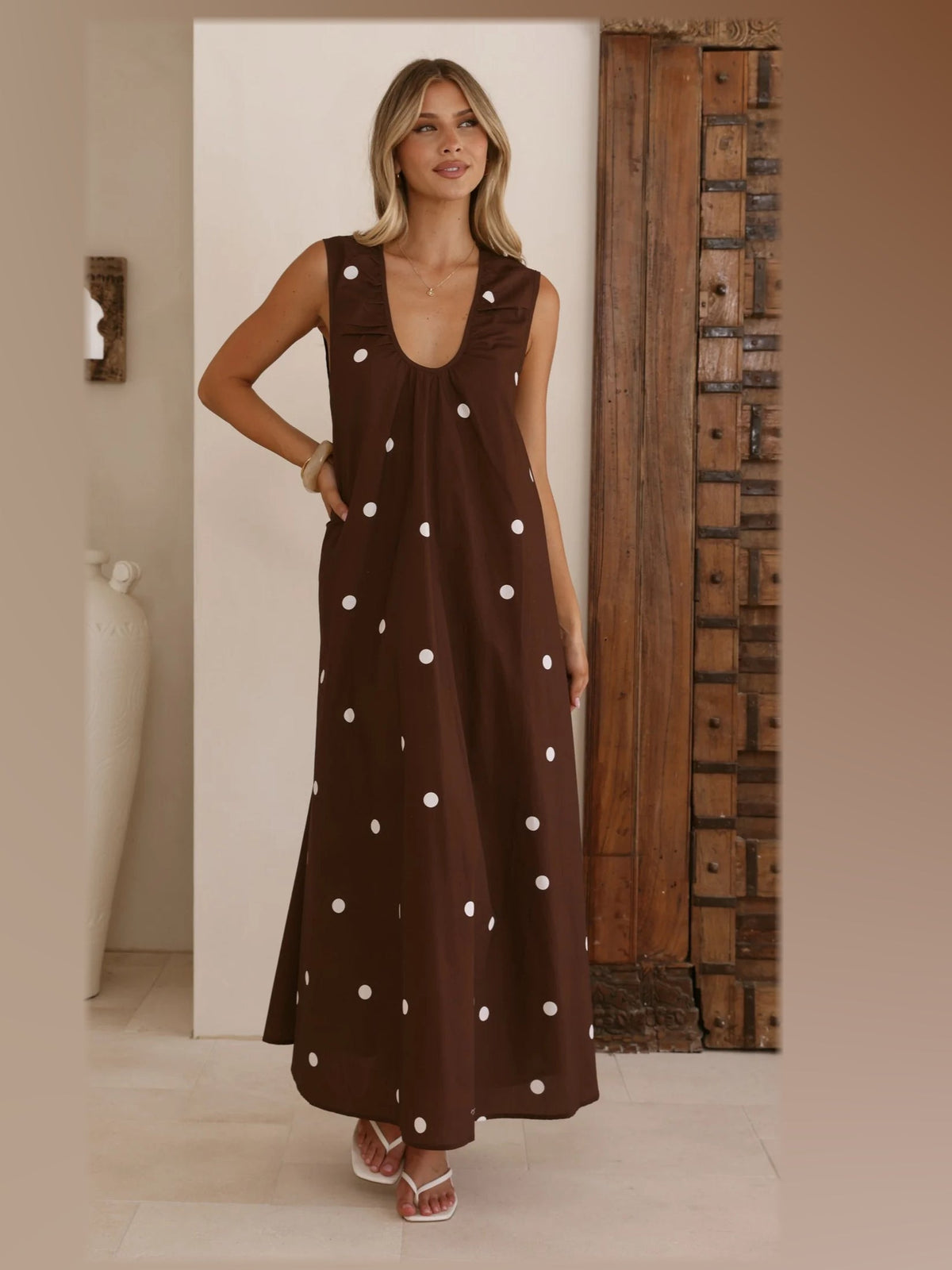 Chocolate maxi formal dress, front full-length view showing the neckline
