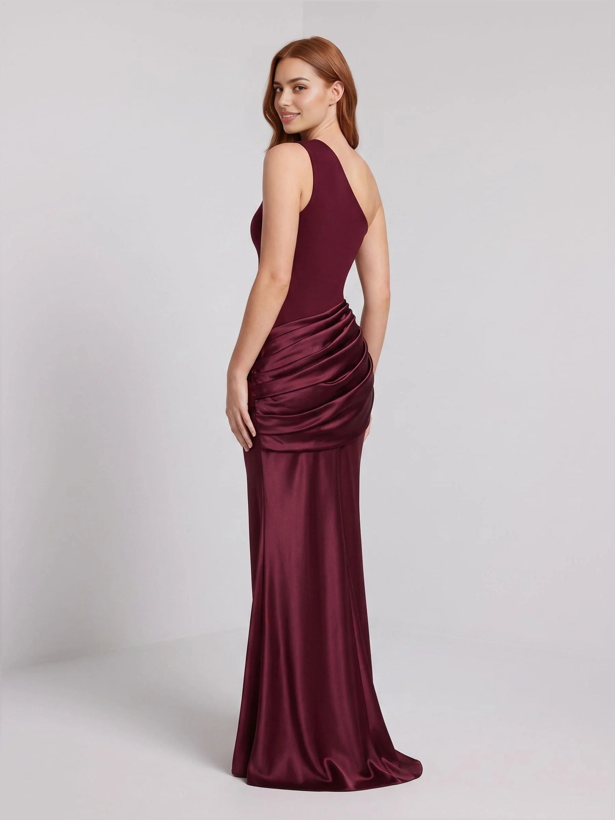 Burgundy satin mermaid dress with one-shoulder ruched drape