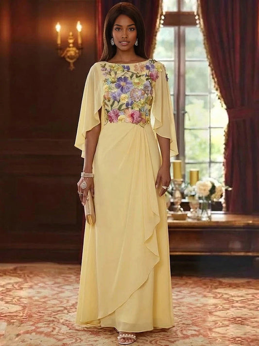 Yellow chiffon A-line maxi dress with floral bodice and draped cape sleeves