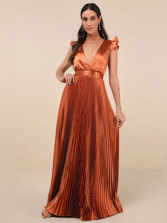 Burnt orange V-neck pleated formal dress with ruffled shoulders, floor-length