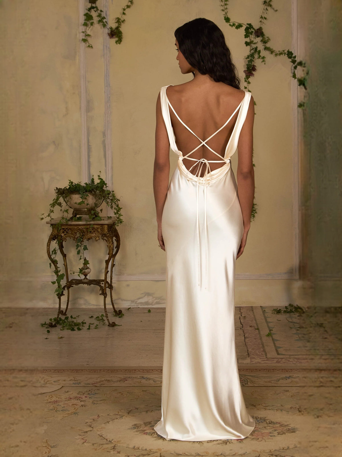 Ivory satin cowl-neck sheath prom dress with open back bow and crisscross straps