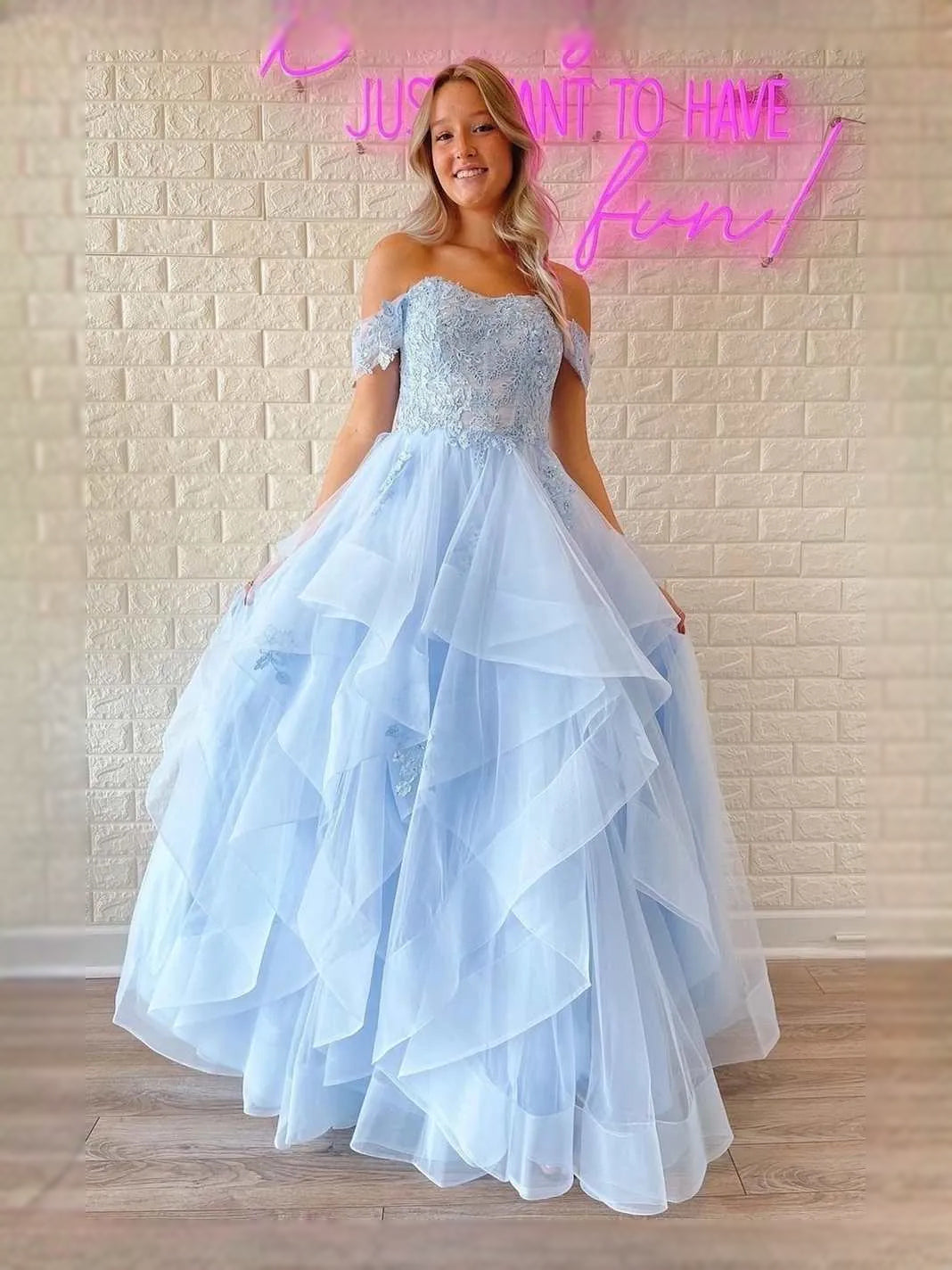 Sky blue off-shoulder lace tulle A-line maxi prom dress with layered ruffles