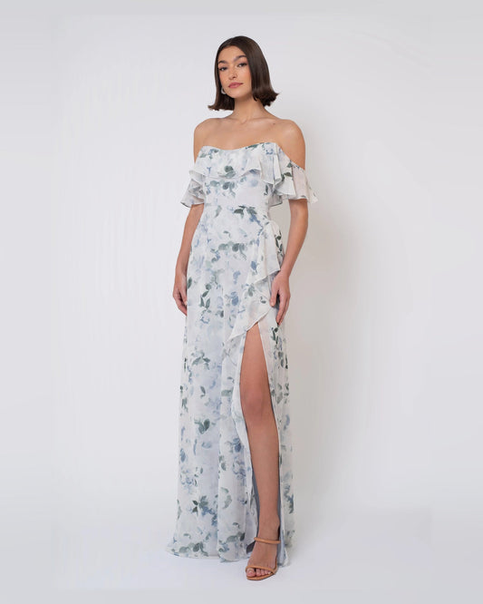 Blue floral off-shoulder maxi dress with ruffle sleeves and side slit