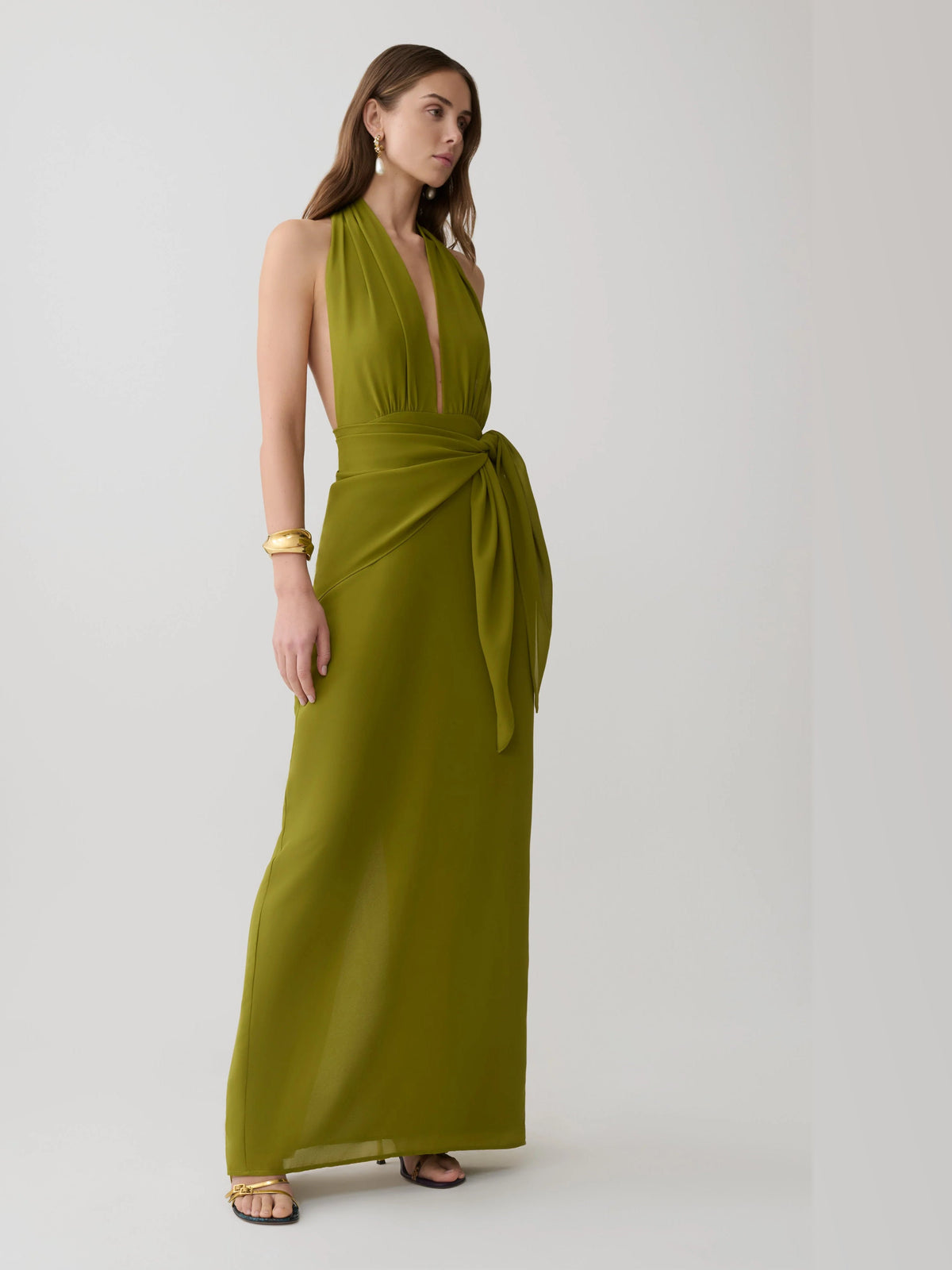 Green formal dress with a-line silhouette and maxi length