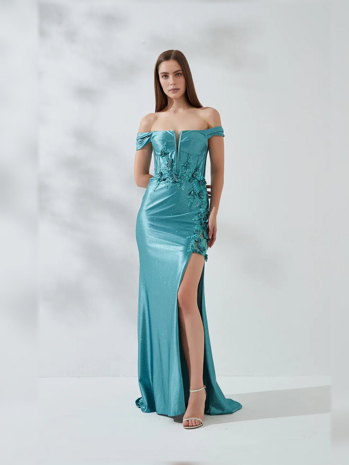 Jade off-shoulder formal dress with floral embroidery, short sleeves and front slit