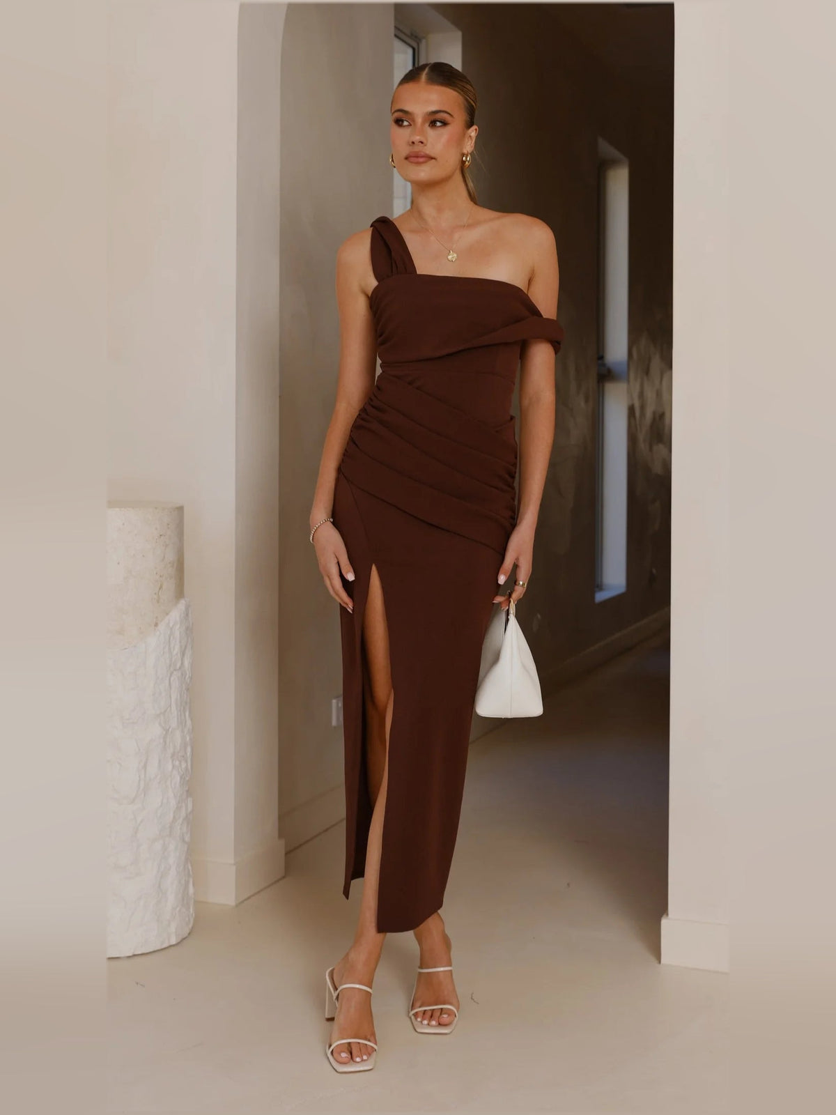 Chocolate sheath maxi formal dress with strapless neckline, full-length front view