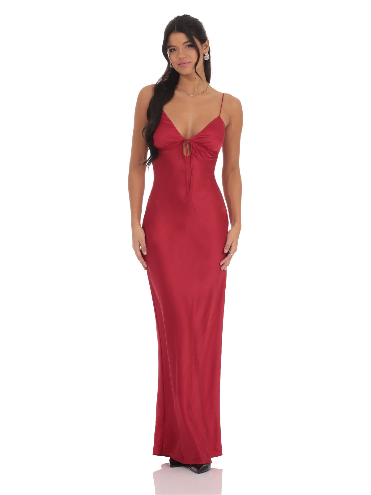 Red bridesmaid dress with a-line silhouette and maxi length