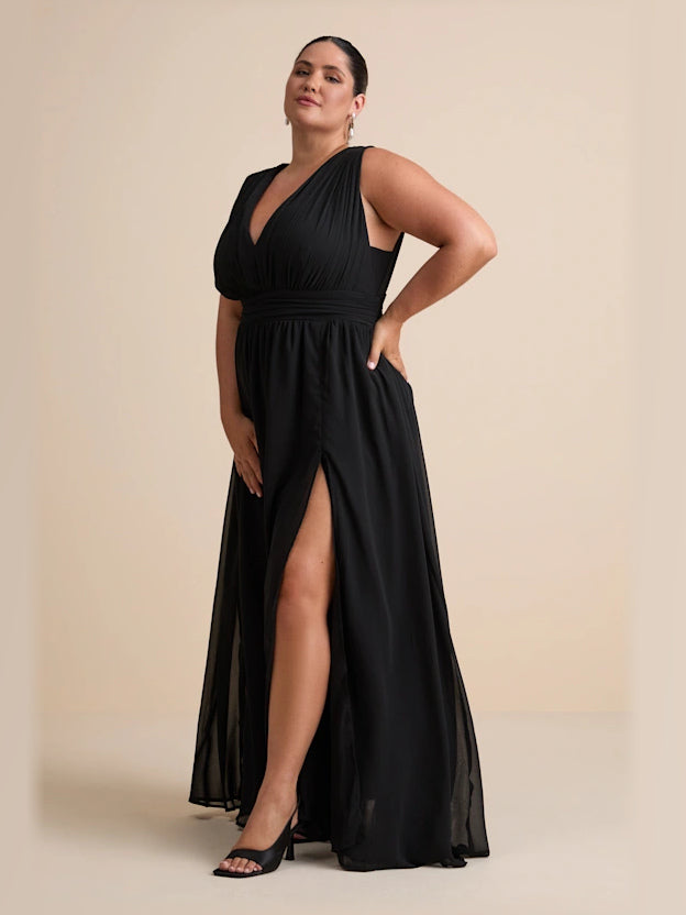 Black formal dress with a-line silhouette and maxi length