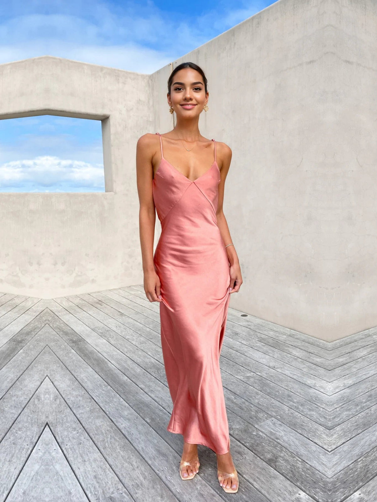 Baked Rose sheath maxi formal dress with cowl neckline, full-length front view