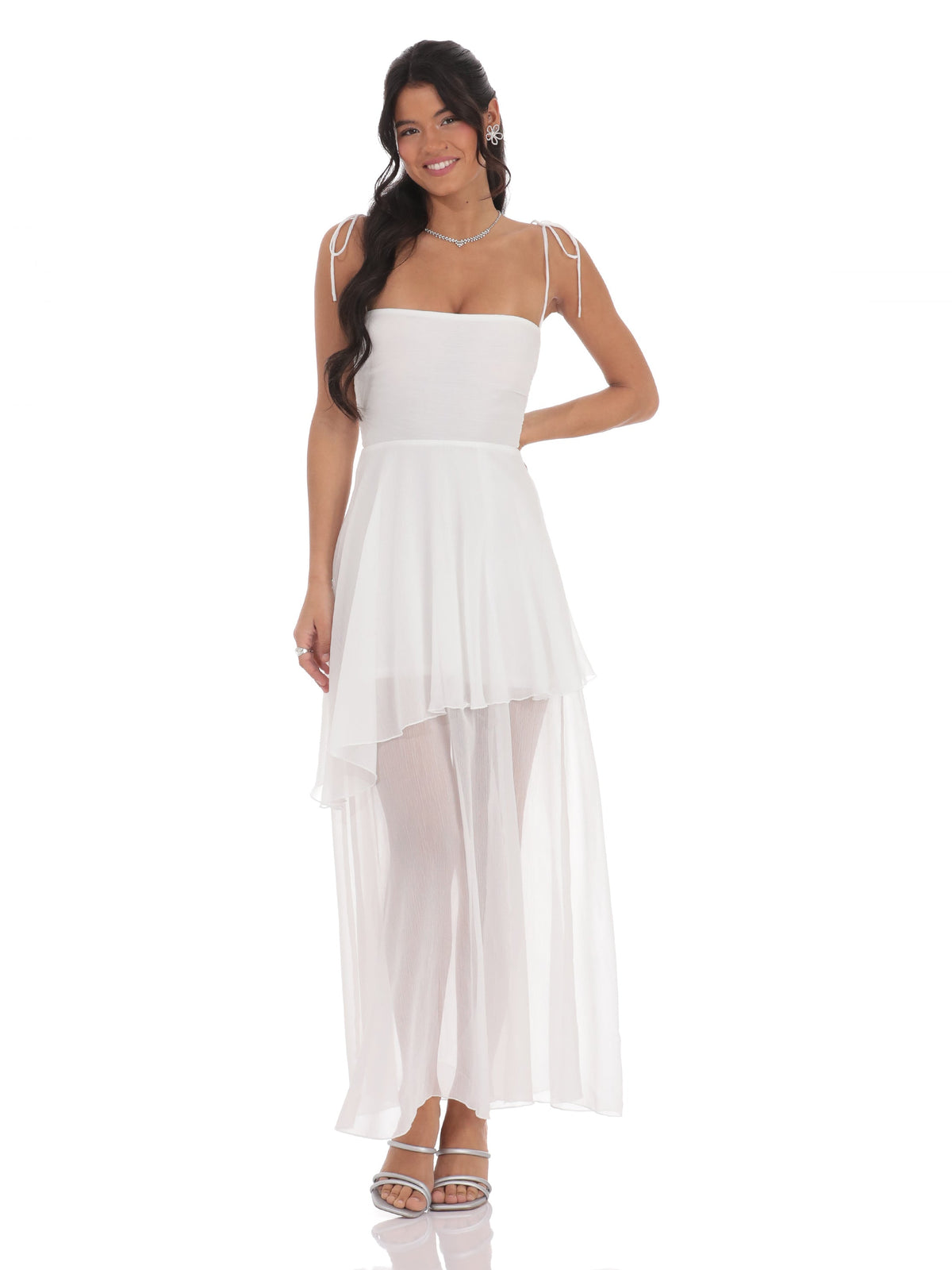 White bridesmaid dress with a-line silhouette and maxi length