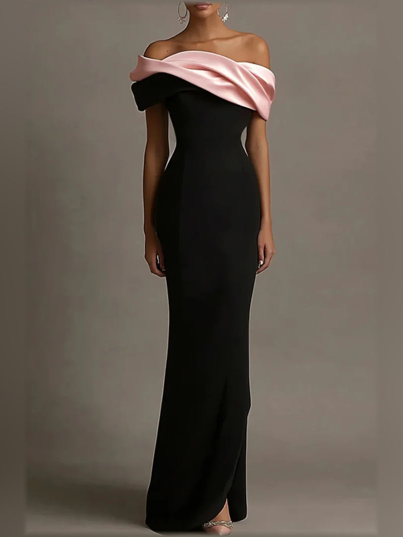 Black off-shoulder corset mermaid gown with blush satin wrap neckline, floor length
