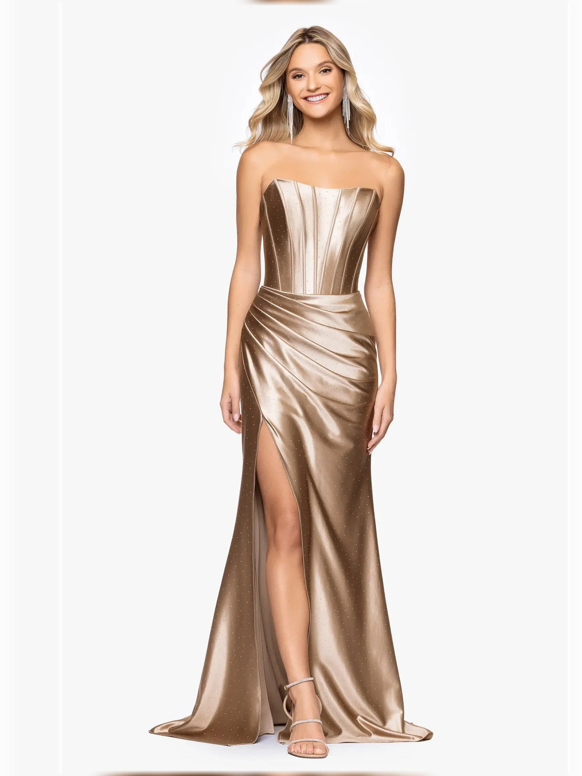 Taupe strapless corset formal dress with ruched bodice and long slit skirt