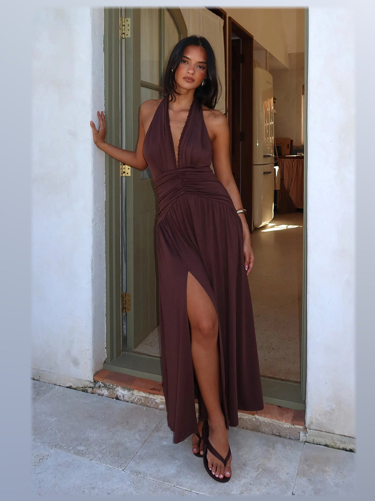 Chocolate formal dress with a-line silhouette and maxi length