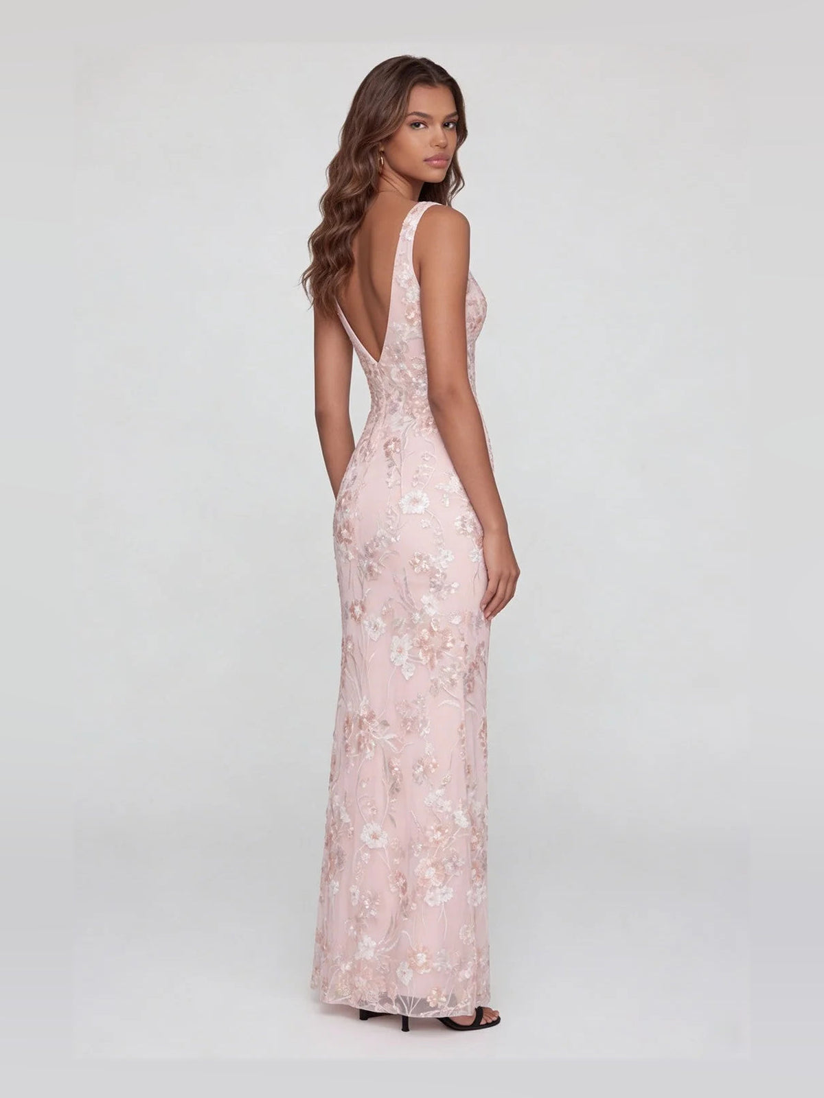 Blush pink floral tulle prom dress with V-back and fitted mermaid silhouette
