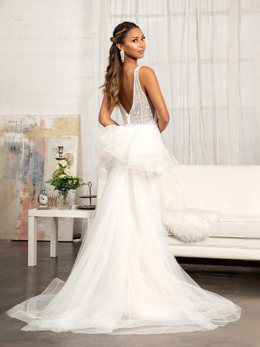 Ivory V-neck mermaid wedding dress with sparkling lace bodice and layered tulle skirt