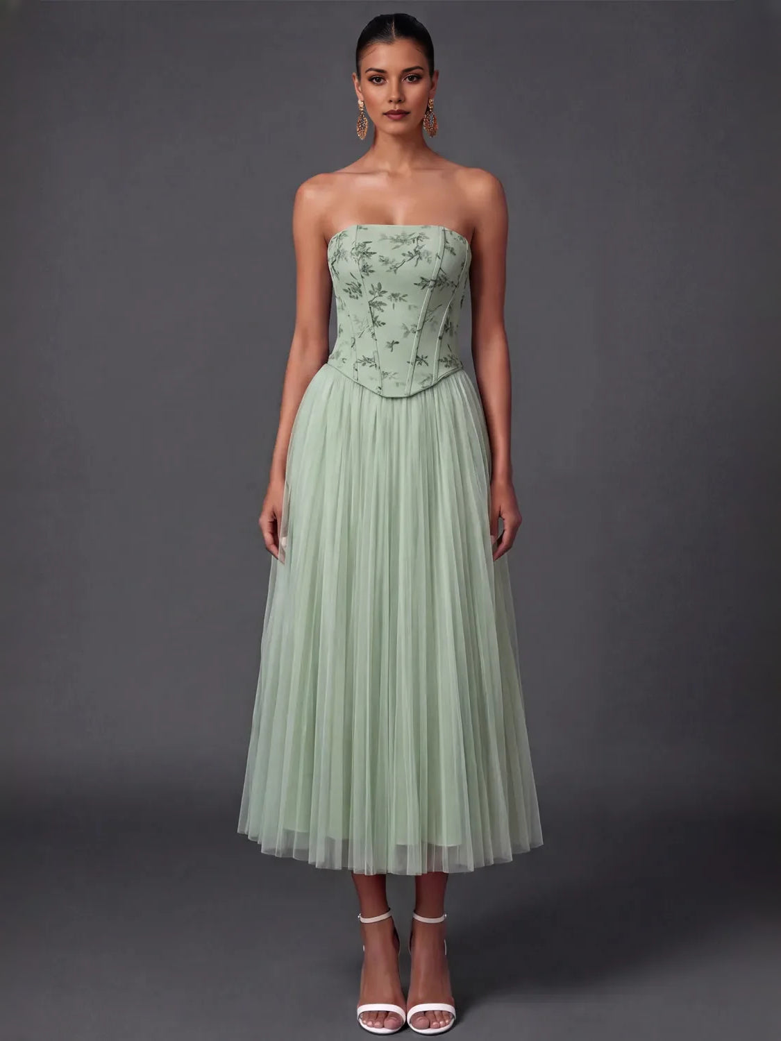 Dusty sage strapless corset tulle A-line dress with floral bodice, pleated tea length