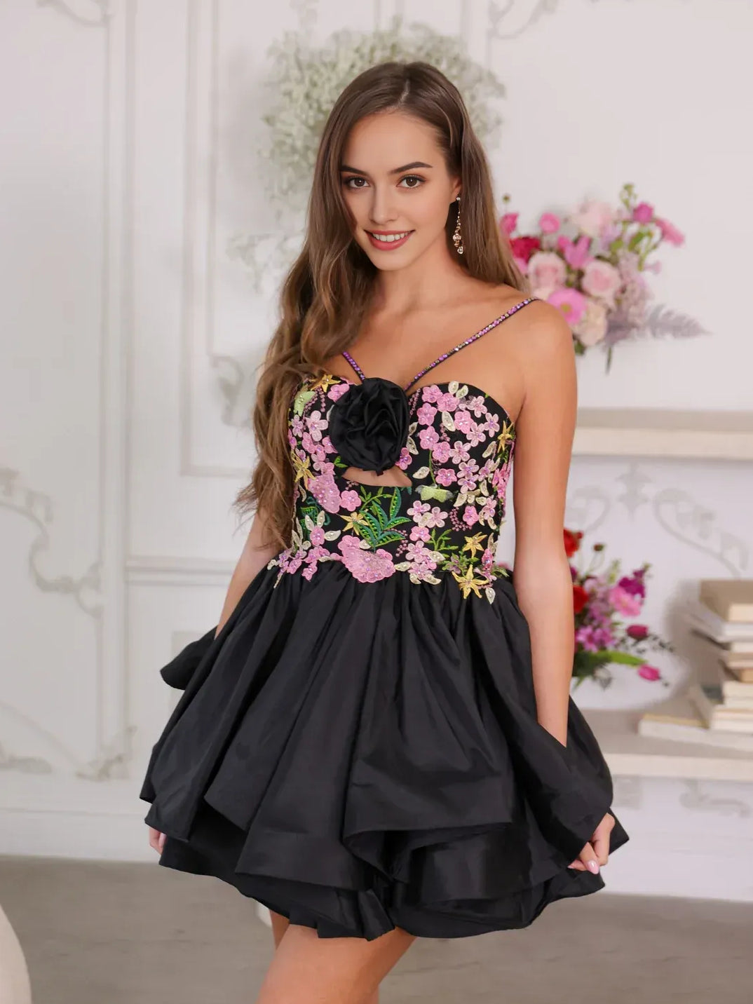Black cut-out floral satin A-line mini dress with sweetheart bodice and tiered ruffle skirt