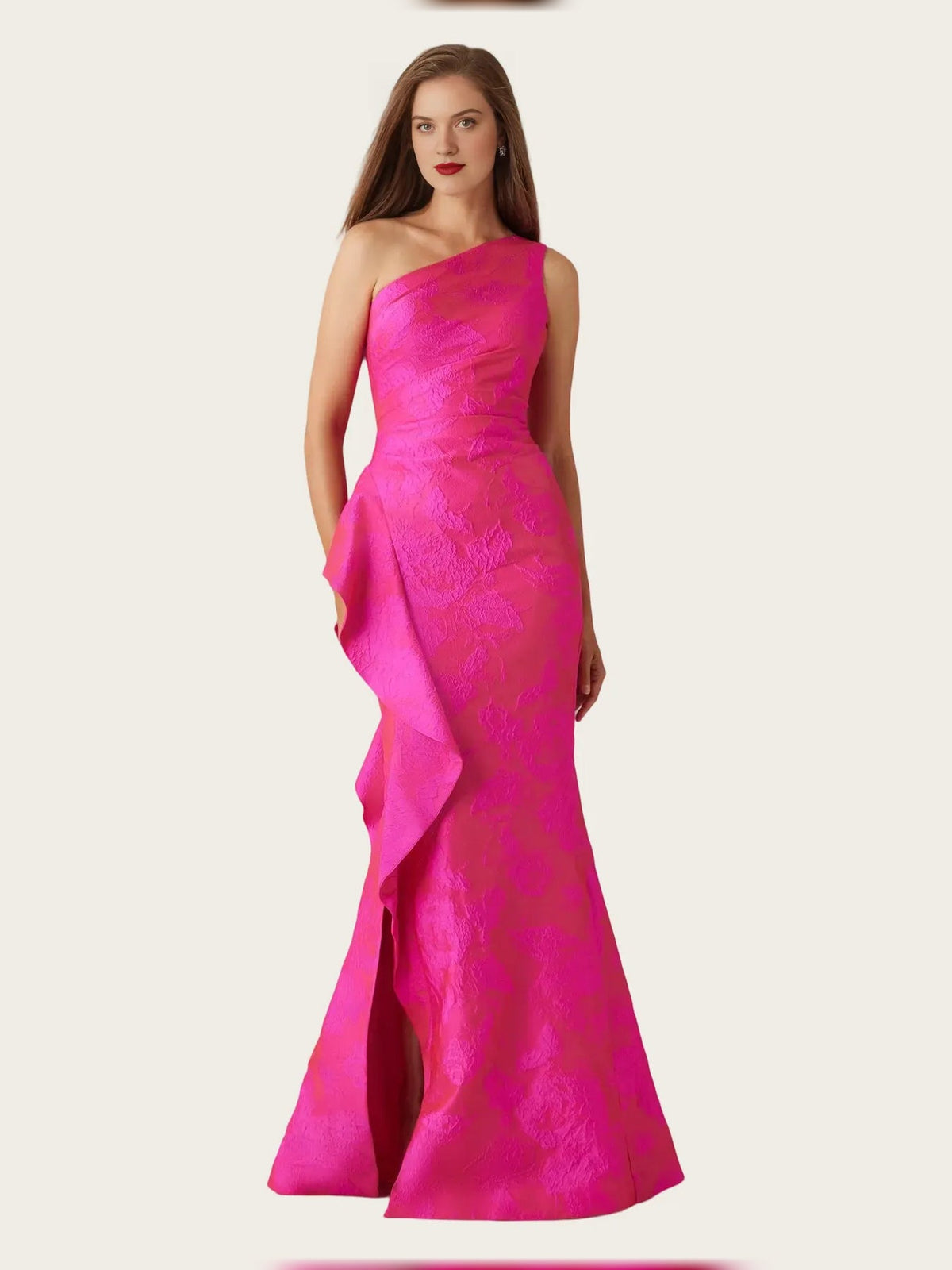 Magenta one-shoulder mermaid maxi satin dress with ruffled slit and draped detail