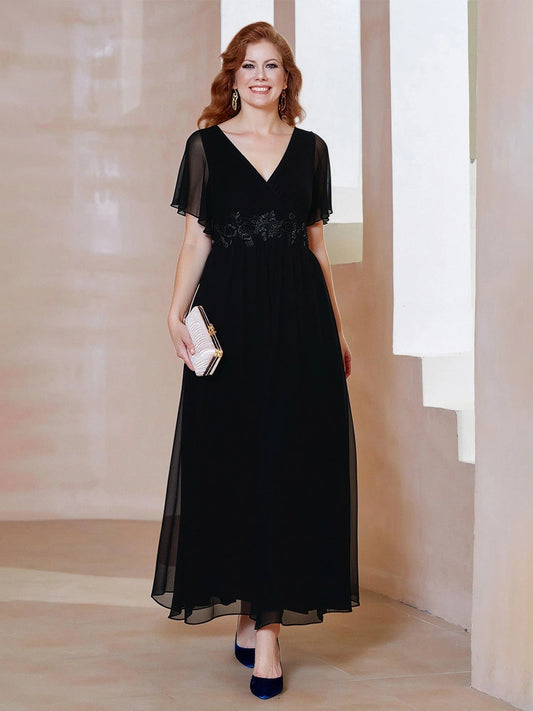 Black embroidered V-neck A-line maxi chiffon dress with sheer short sleeves