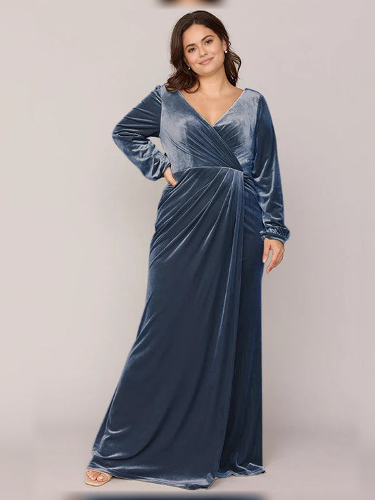 Slate blue velvet wrap bridesmaid dress with V-neck and long sleeves, front view