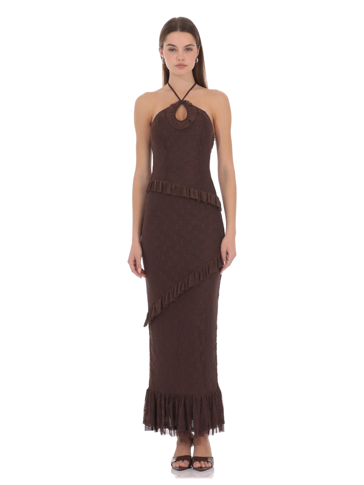 Brown bridesmaid dress with a-line silhouette and maxi length