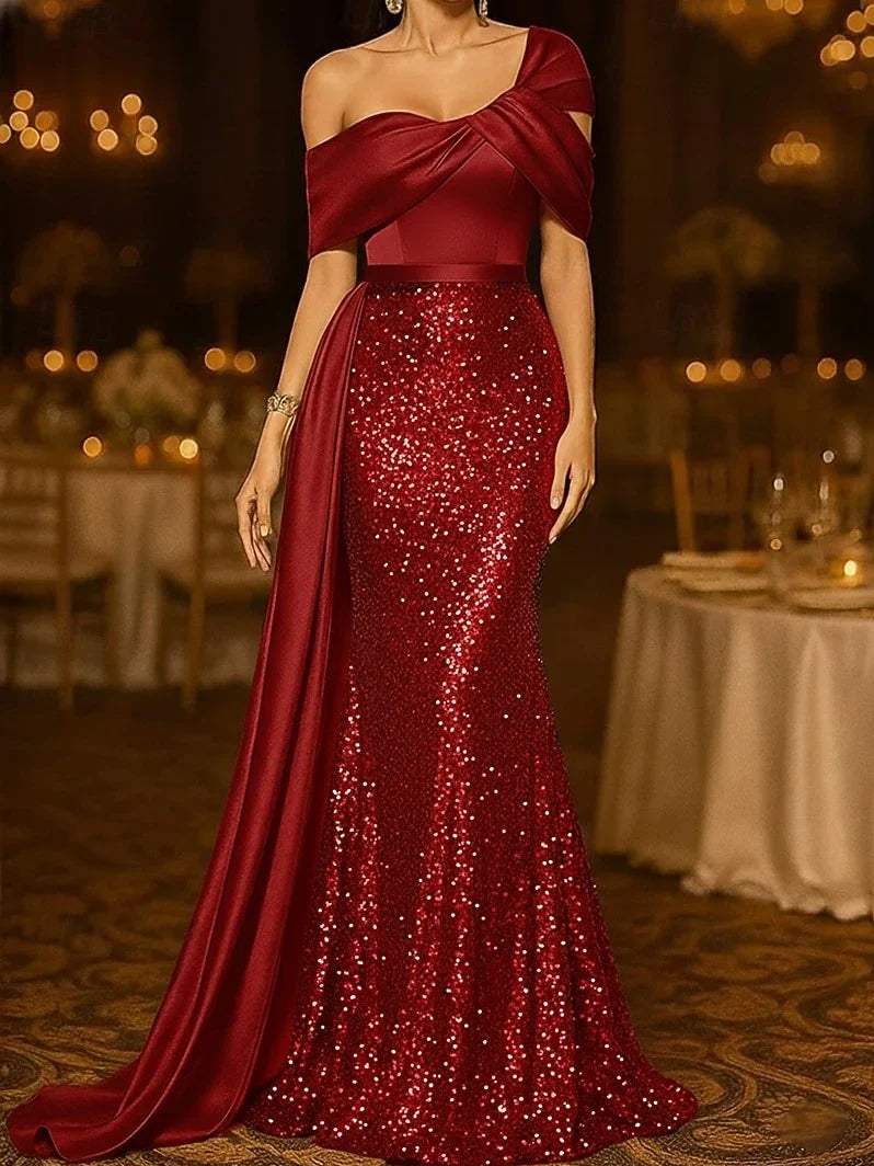 Burgundy one-shoulder mermaid formal dress with satin drape and sequin skirt