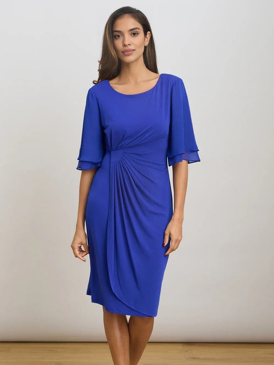 Royal blue ruched sheath dress with flutter sleeves, knee-length, scoop neckline