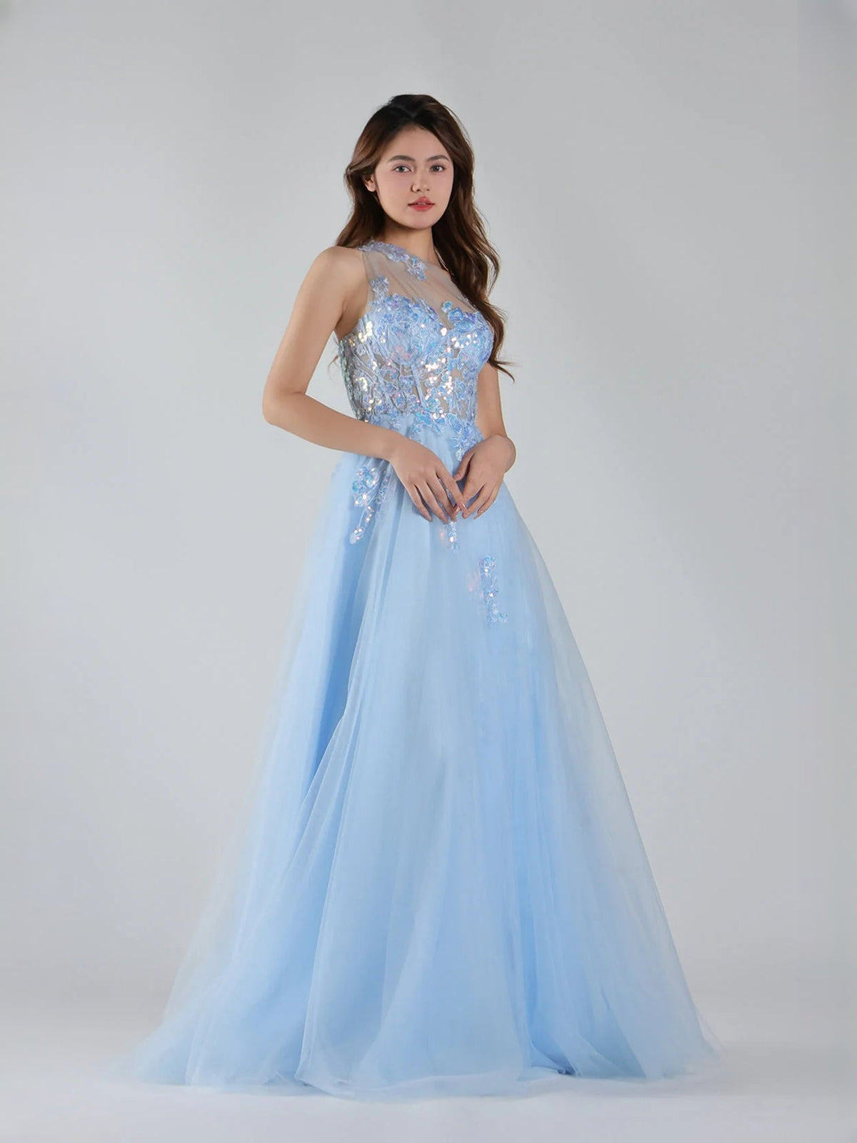 Light blue one-shoulder tulle prom dress with sequined bodice and A-line skirt