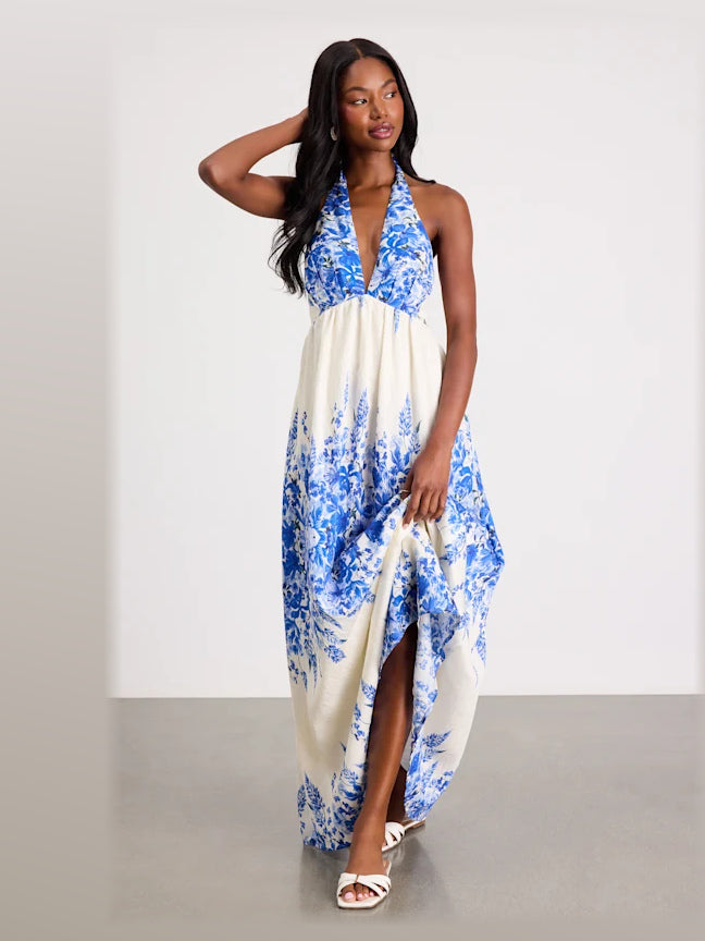 Blue Floral maxi formal dress, front full-length view showing the neckline