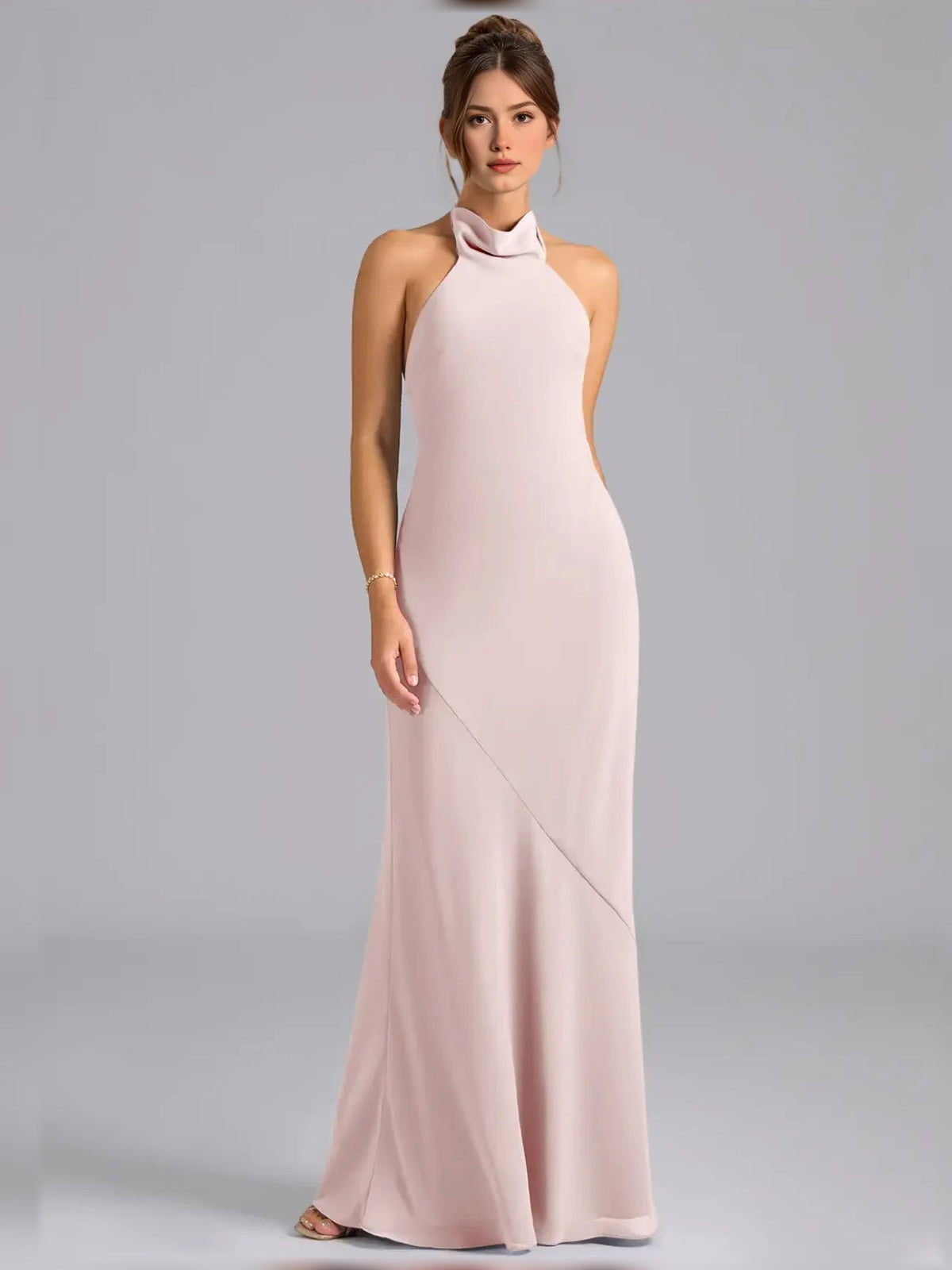 High-neck chiffon sheath maxi dress, blush pink, sleeveless halter, diagonal slit detail.