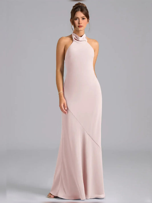 High-neck chiffon sheath maxi dress, blush pink, sleeveless halter, diagonal slit detail.