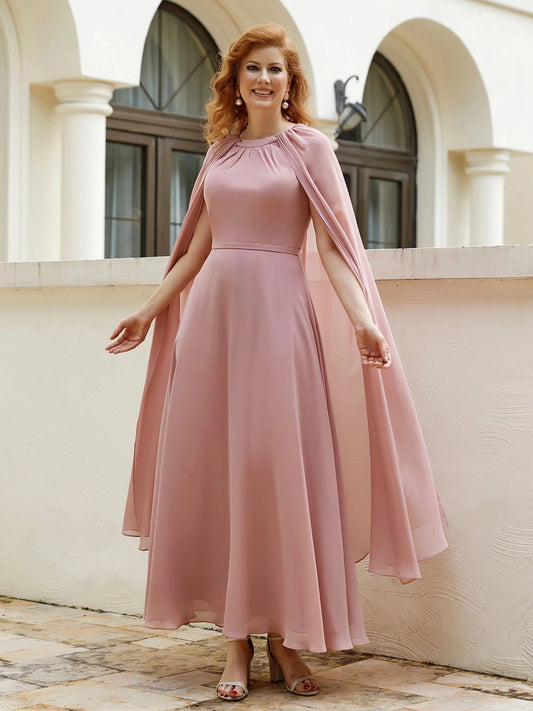Dusty rose A-line mother-of-the-bride dress with chiffon cape sleeves and high neckline