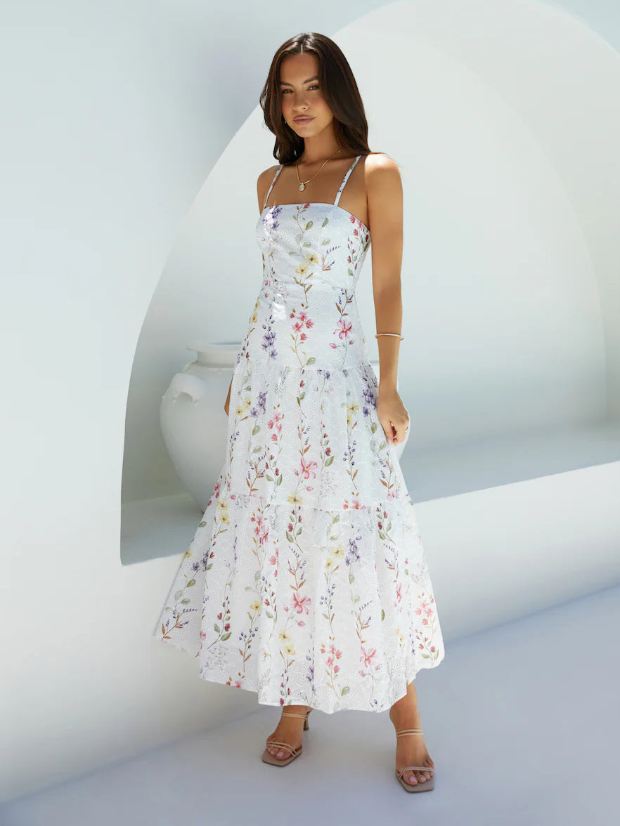 White midi formal dress, front full-length view showing the neckline