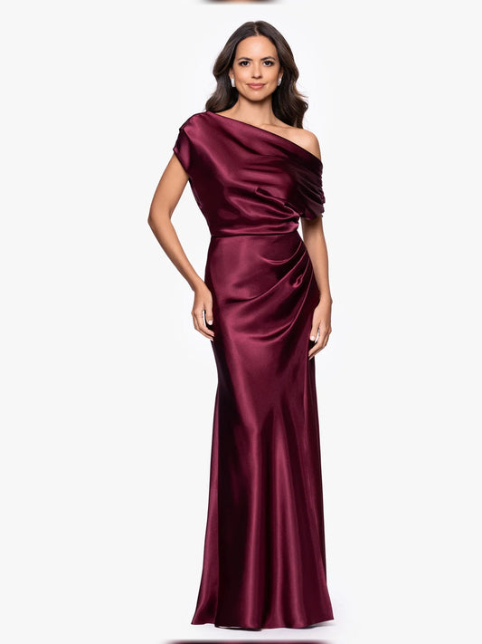 Burgundy satin one-shoulder draped mermaid floor-length dress with side ruching