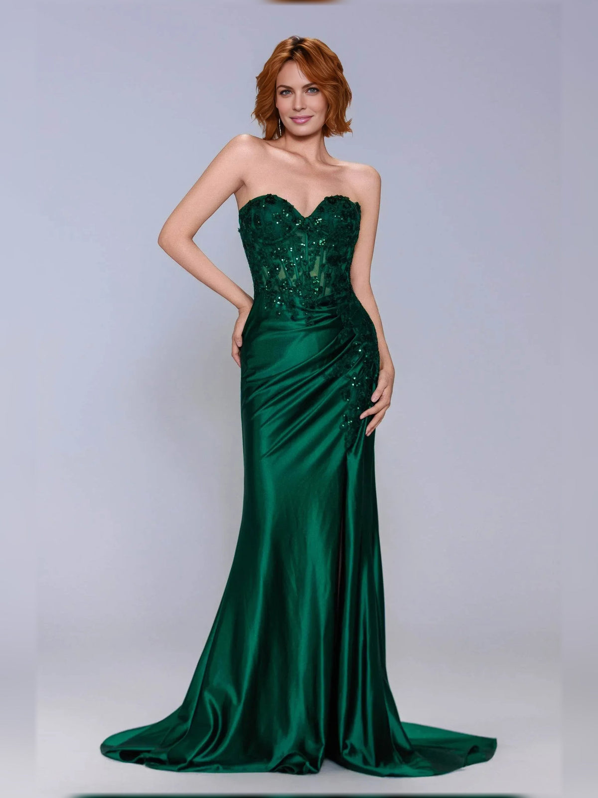 Peacock green sweetheart corset formal dress with sequin bodice and ruched satin skirt