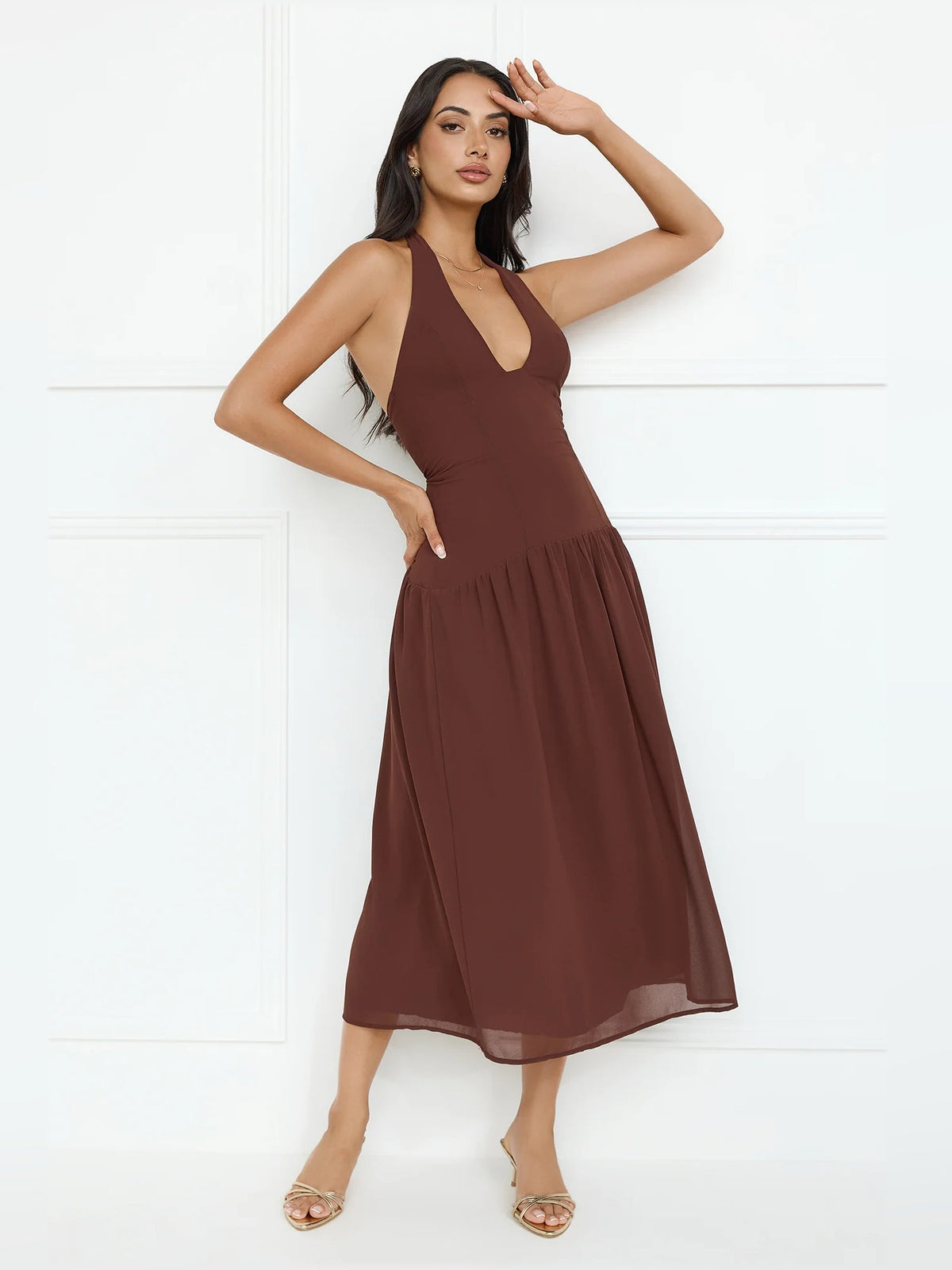 Brown halter V-neck midi formal dress with gathered skirt and sleeveless bodice