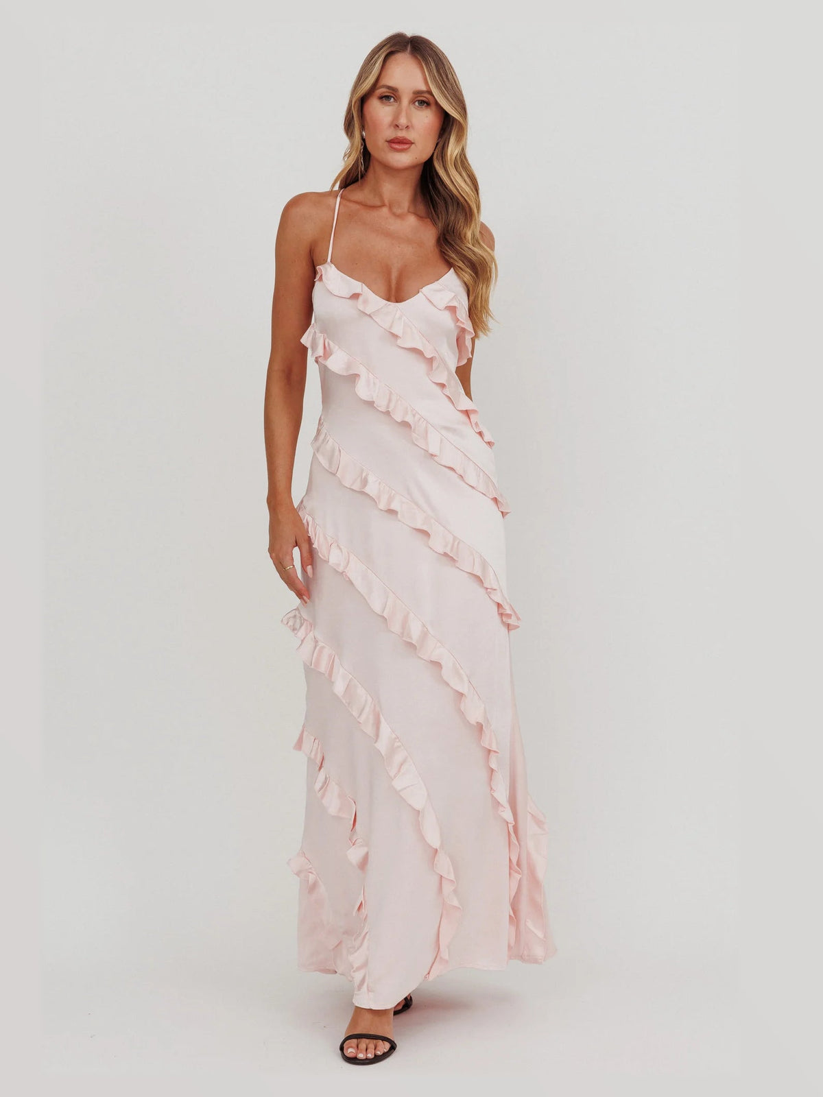 Blush maxi formal dress, front full-length view showing the neckline